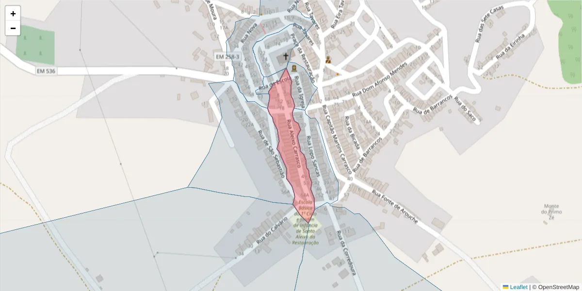 Mapa detalhado do código postal 7875-151 com limites, códigos postais vizinhos e agências dos correios