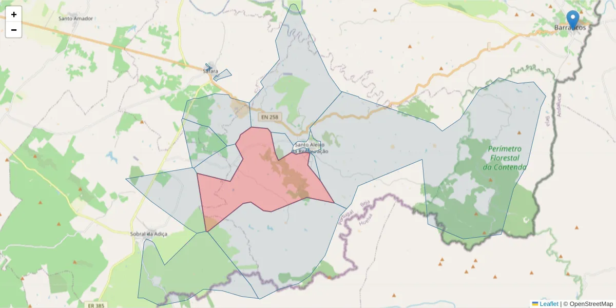 Mapa detalhado do código postal 7875-172 com limites, códigos postais vizinhos e agências dos correios