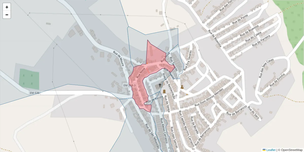 Mapa detalhado do código postal 7875-182 com limites, códigos postais vizinhos e agências dos correios