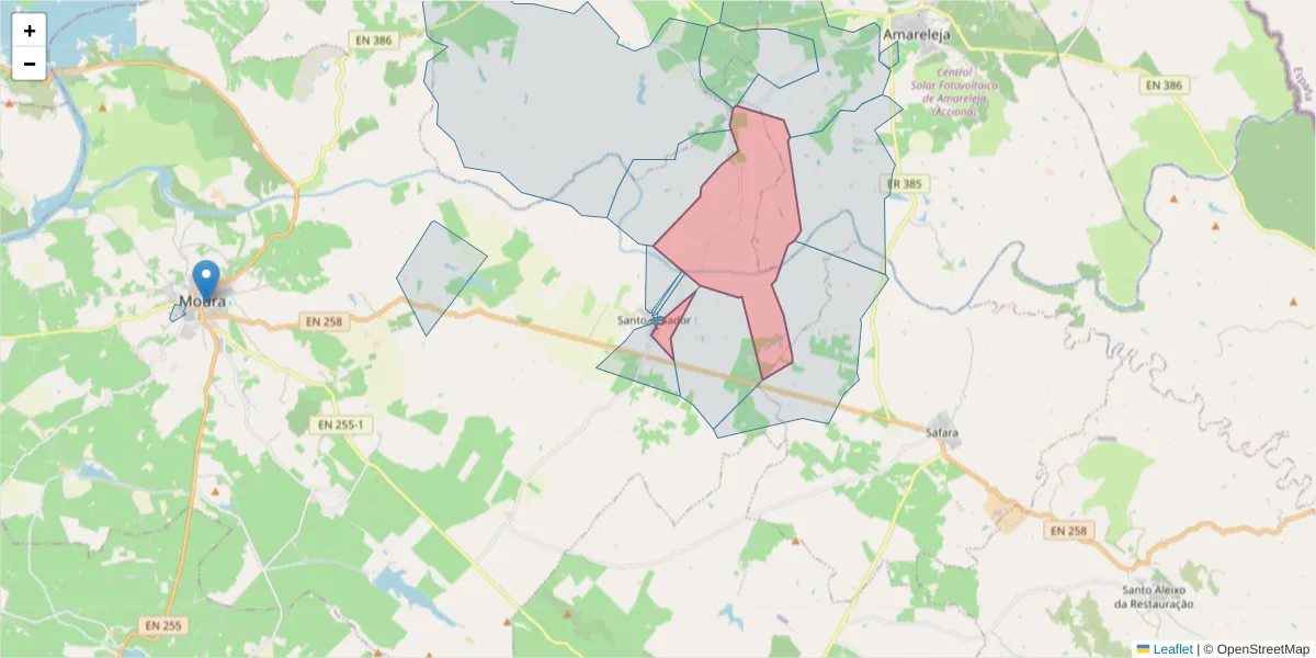 Mapa detalhado do código postal 7875-258 com limites, códigos postais vizinhos e agências dos correios