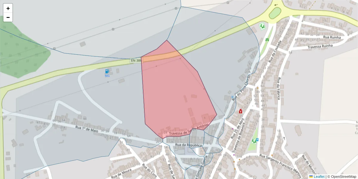 Mapa detalhado do código postal 7885-076 com limites, códigos postais vizinhos e agências dos correios