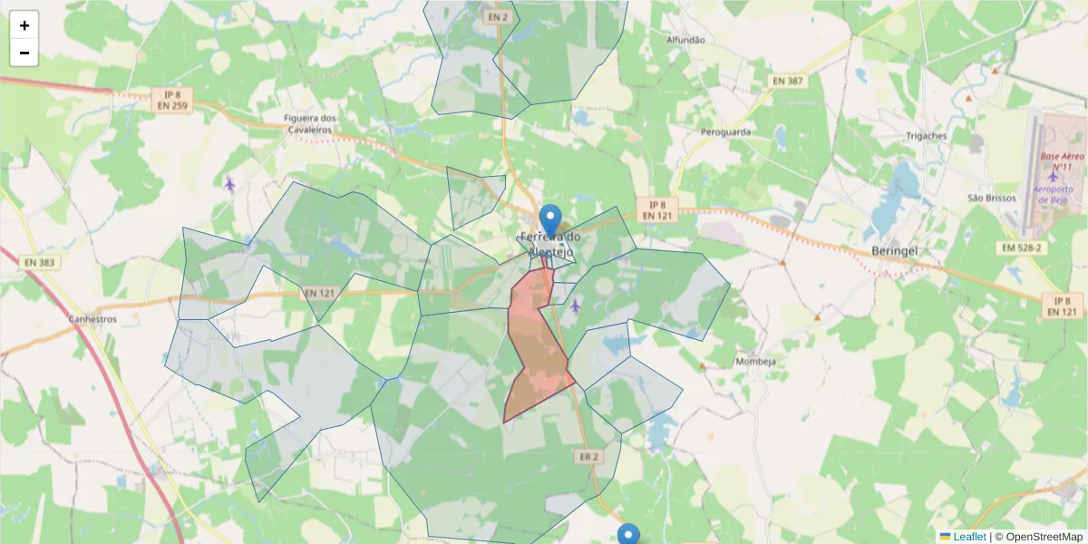 Mapa detalhado do código postal 7900-115 com limites, códigos postais vizinhos e agências dos correios