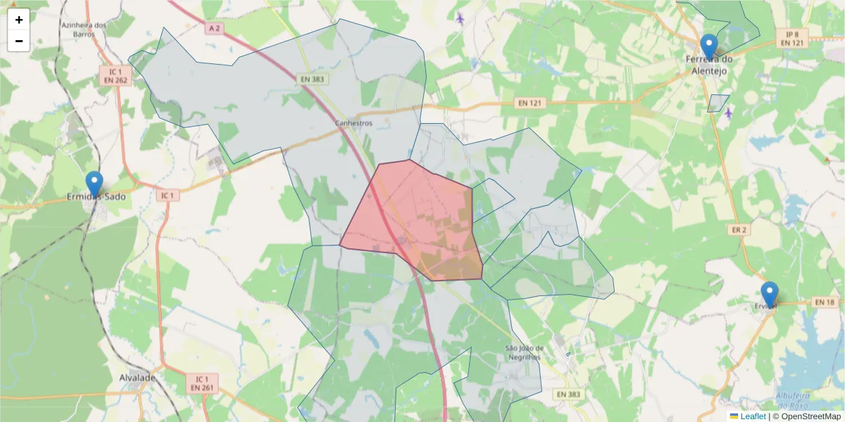 Mapa detalhado do código postal 7900-131 com limites, códigos postais vizinhos e agências dos correios