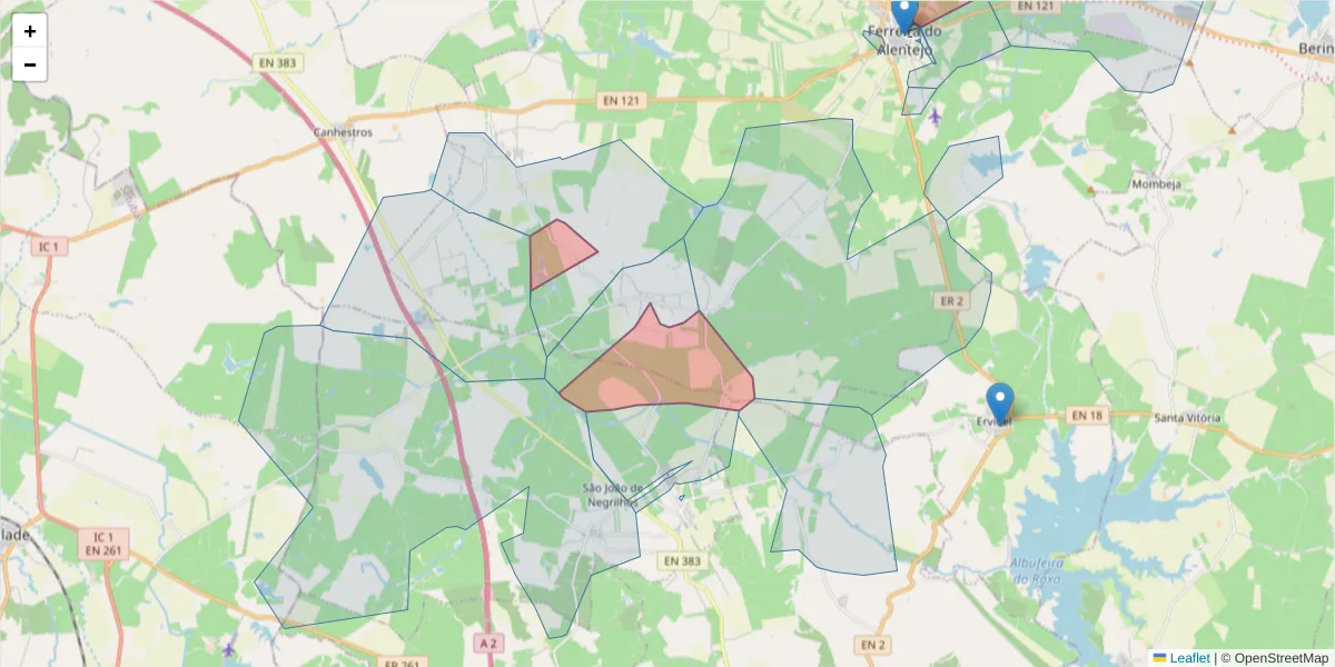 Mapa detalhado do código postal 7900-133 com limites, códigos postais vizinhos e agências dos correios