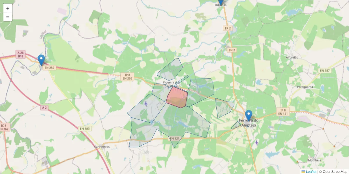 Mapa detalhado do código postal 7900-260 com limites, códigos postais vizinhos e agências dos correios