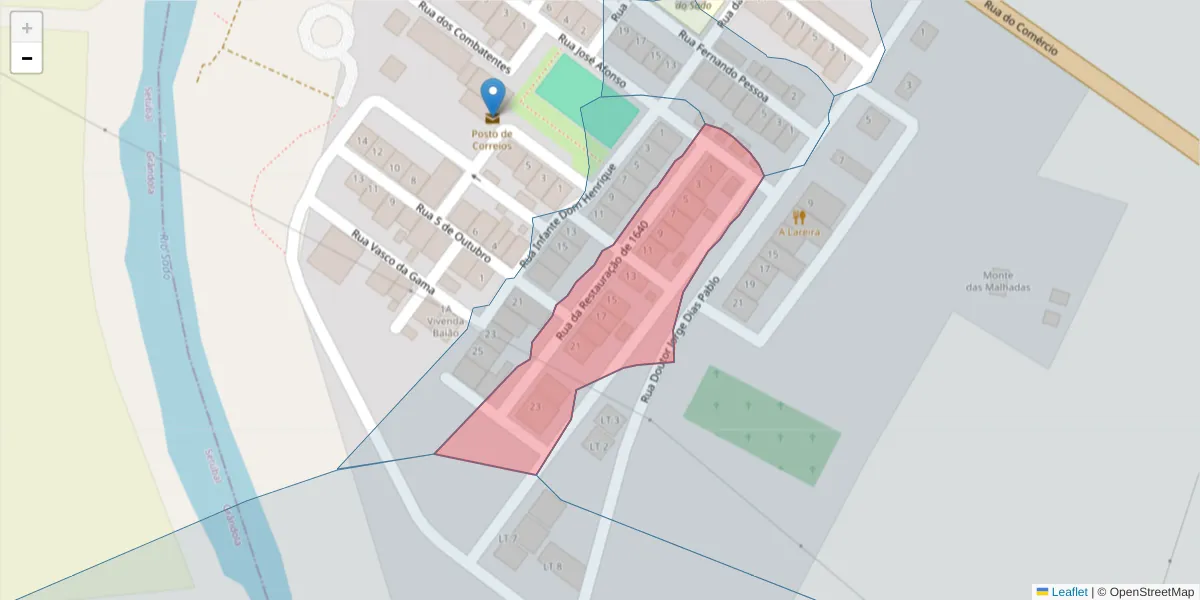 Mapa detalhado do código postal 7900-301 com limites, códigos postais vizinhos e agências dos correios
