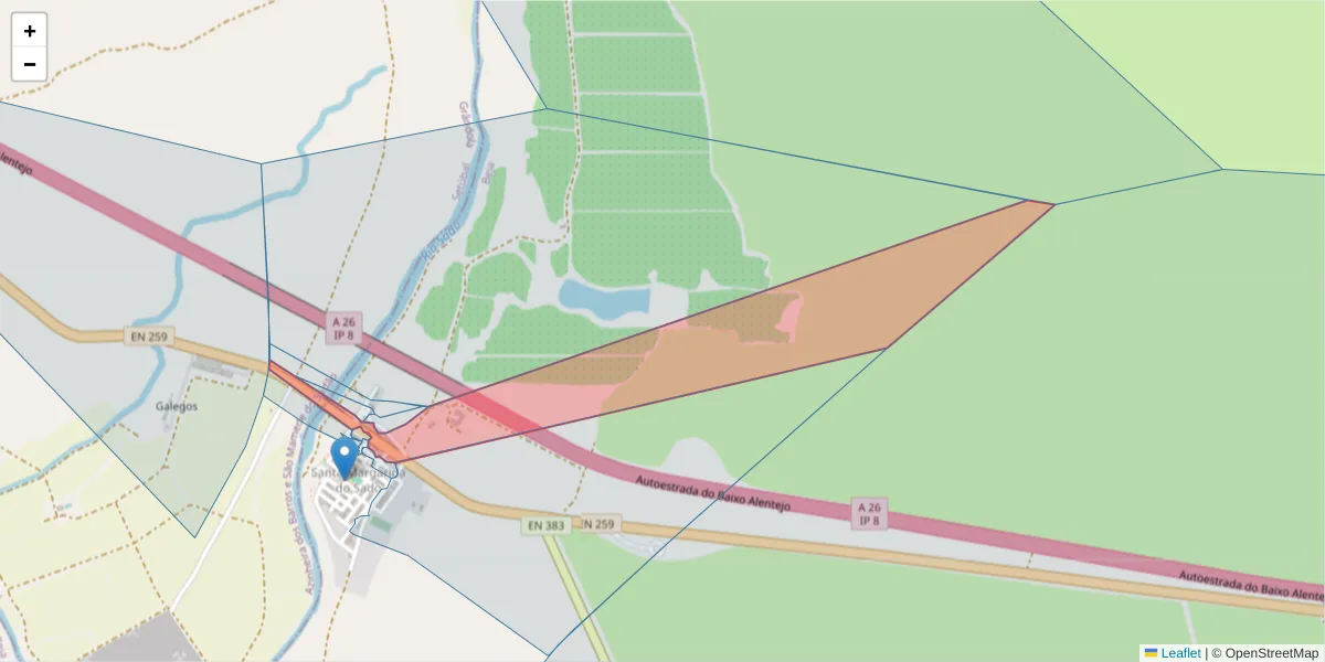 Mapa detalhado do código postal 7900-303 com limites, códigos postais vizinhos e agências dos correios