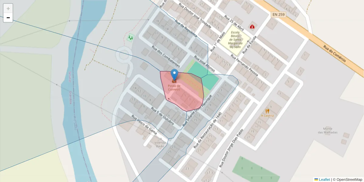 Mapa detalhado do código postal 7900-304 com limites, códigos postais vizinhos e agências dos correios