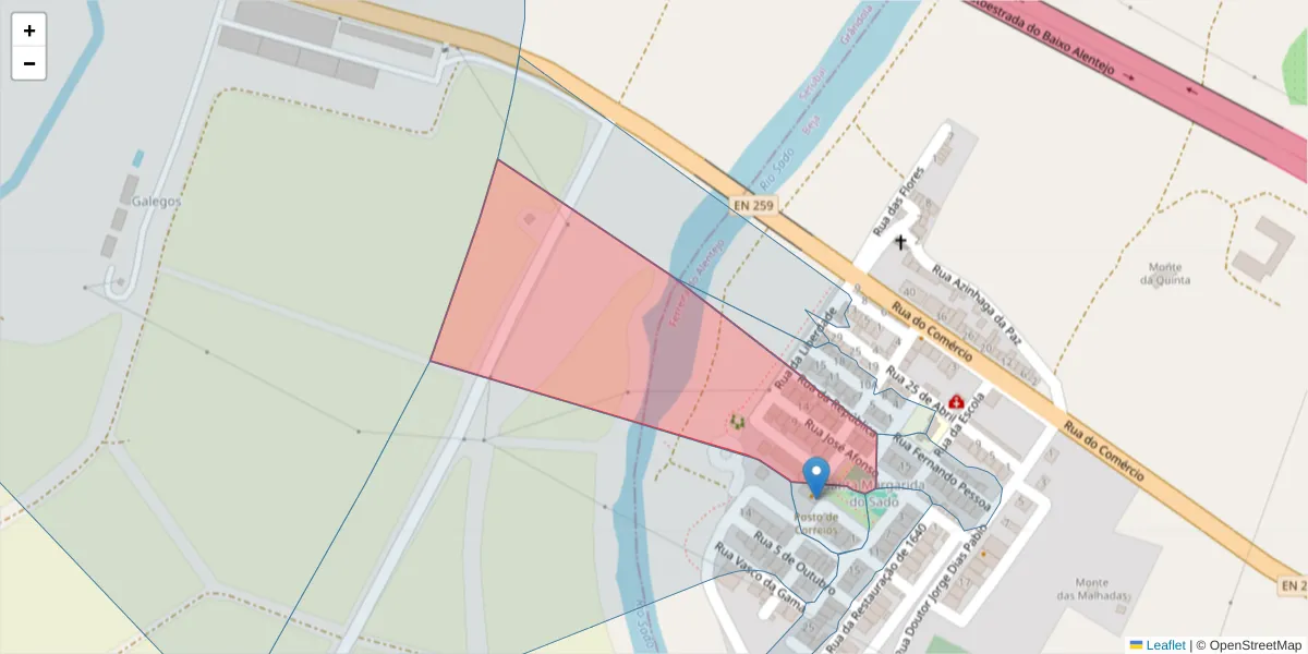 Mapa detalhado do código postal 7900-309 com limites, códigos postais vizinhos e agências dos correios