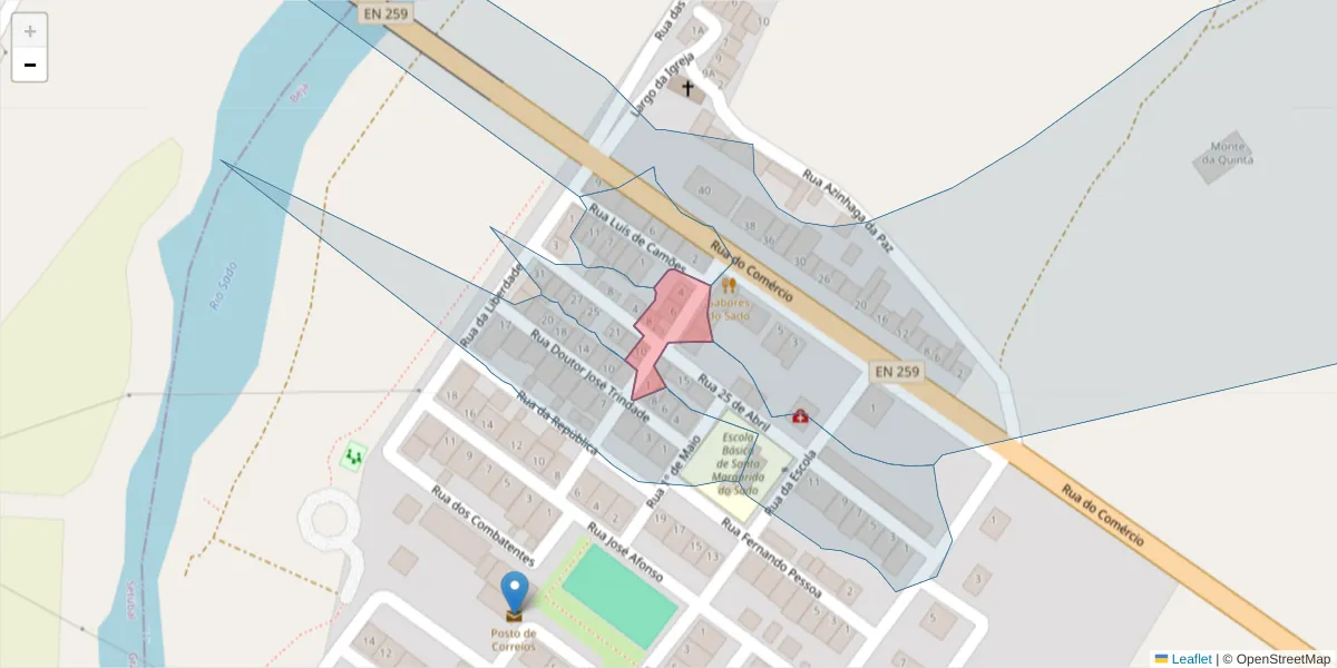 Mapa detalhado do código postal 7900-312 com limites, códigos postais vizinhos e agências dos correios