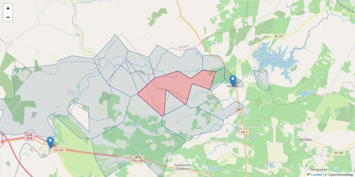 Mapa detalhado do código postal 7900-345 com limites, códigos postais vizinhos e agências dos correios