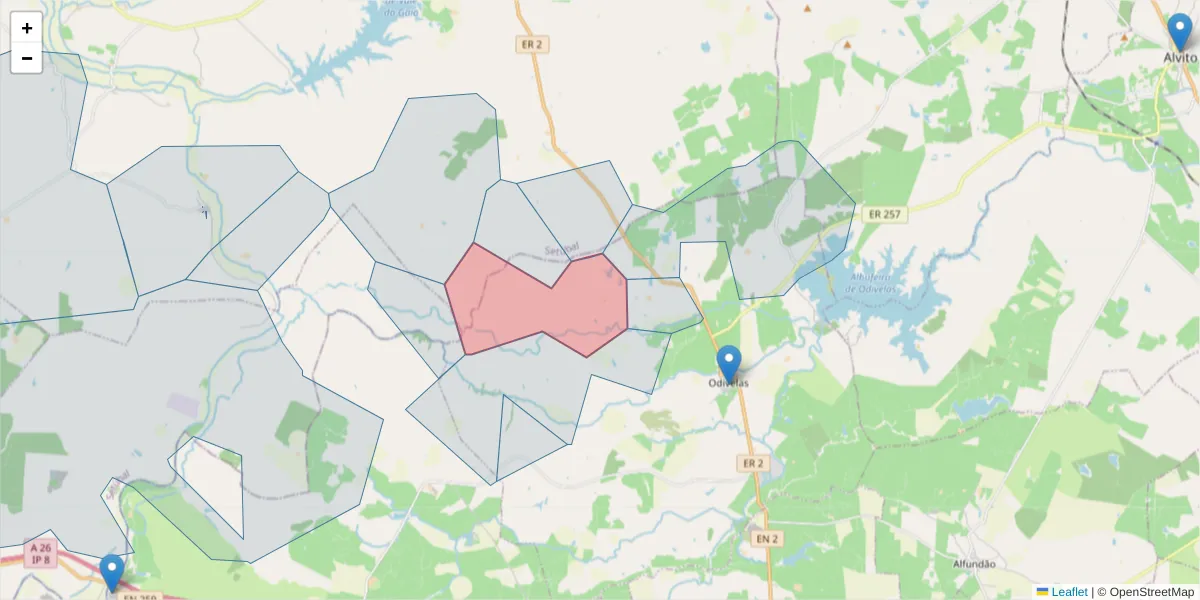 Mapa detalhado do código postal 7900-359 com limites, códigos postais vizinhos e agências dos correios