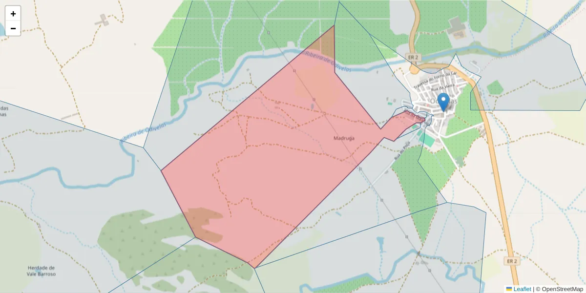 Mapa detalhado do código postal 7900-385 com limites, códigos postais vizinhos e agências dos correios