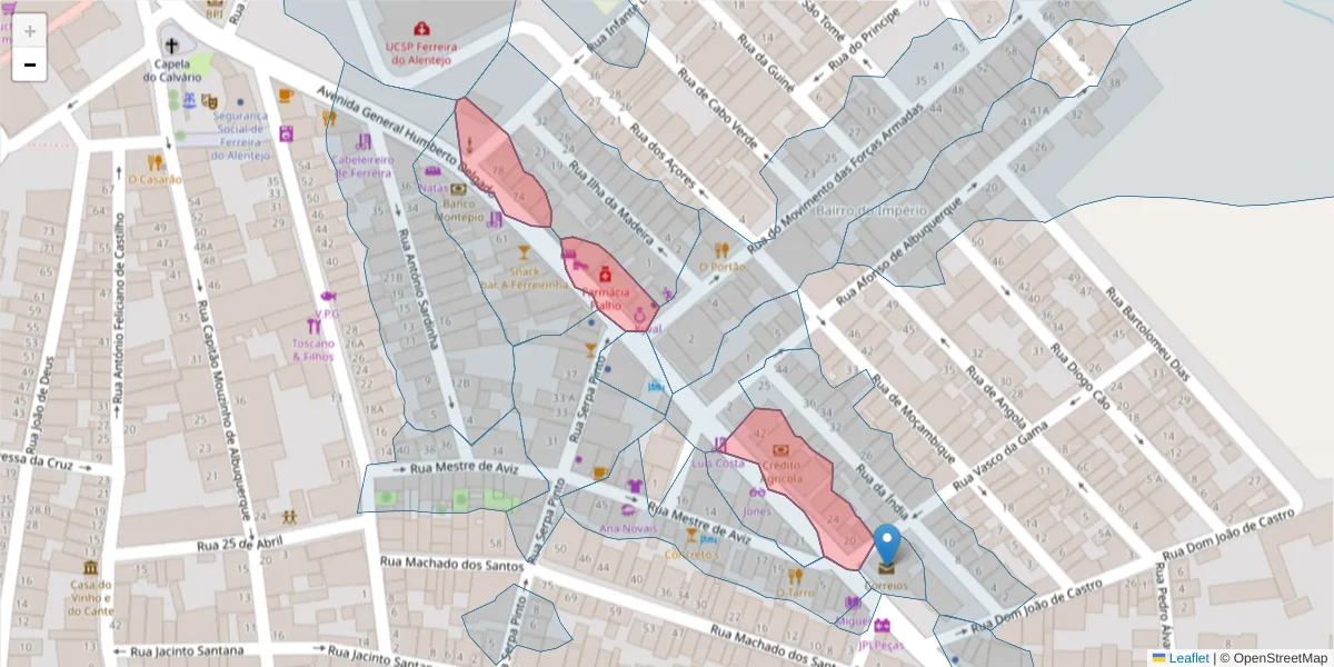 Mapa detalhado do código postal 7900-554 com limites, códigos postais vizinhos e agências dos correios