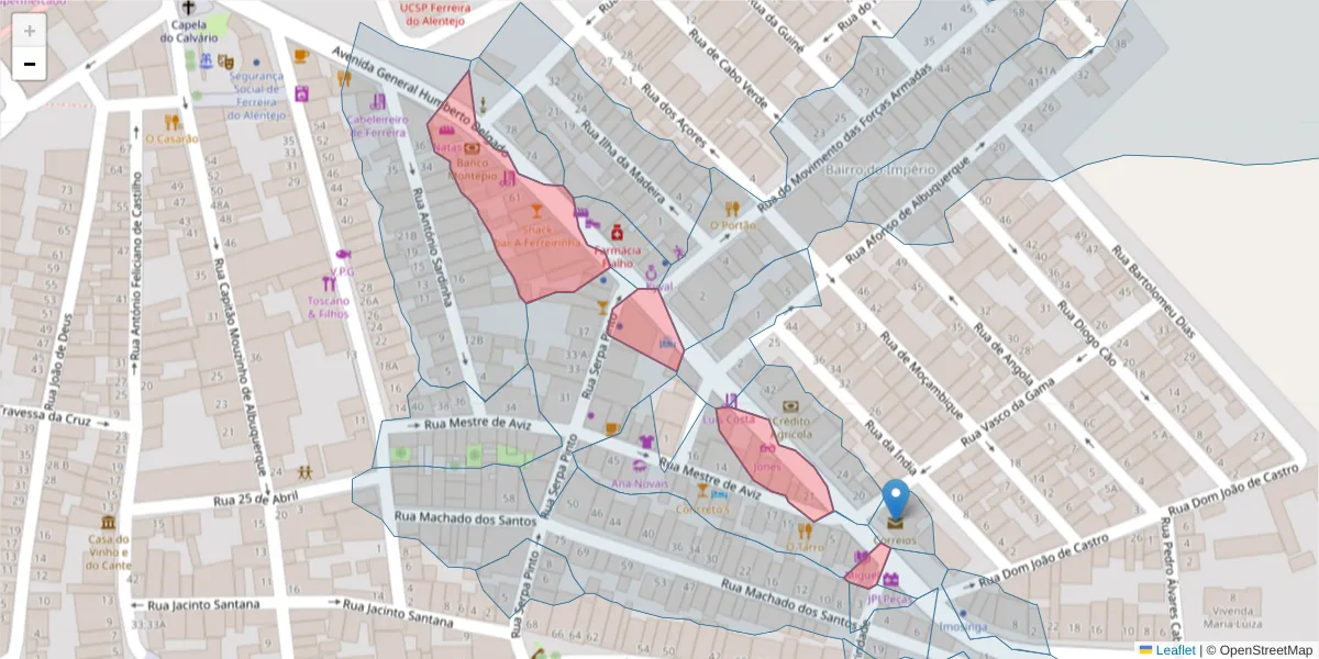 Mapa detalhado do código postal 7900-555 com limites, códigos postais vizinhos e agências dos correios