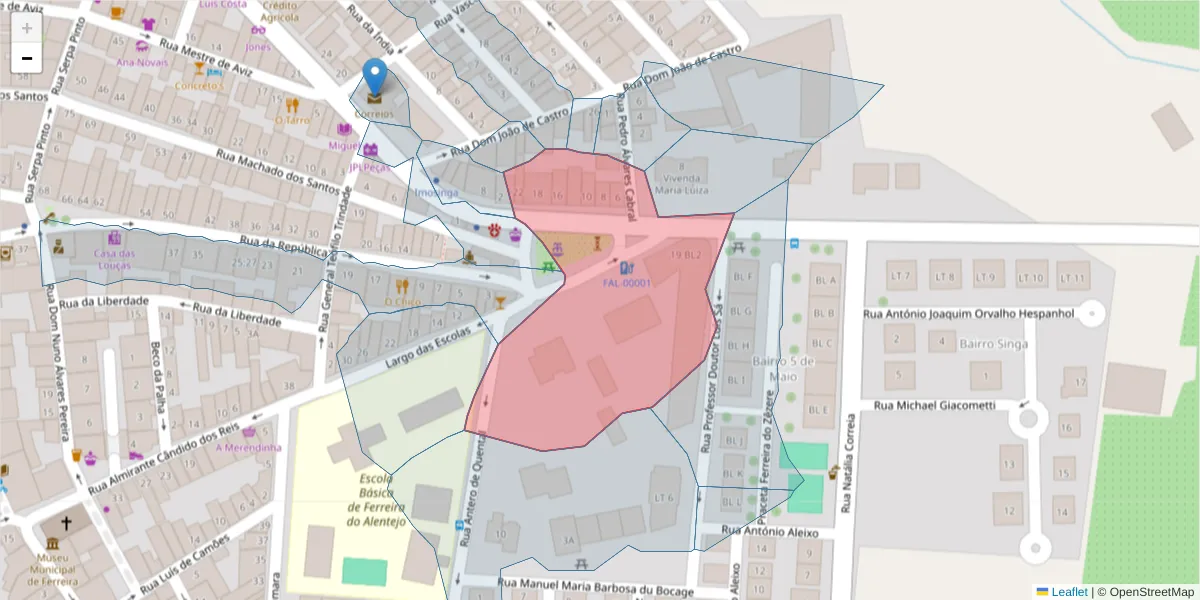 Mapa detalhado do código postal 7900-567 com limites, códigos postais vizinhos e agências dos correios