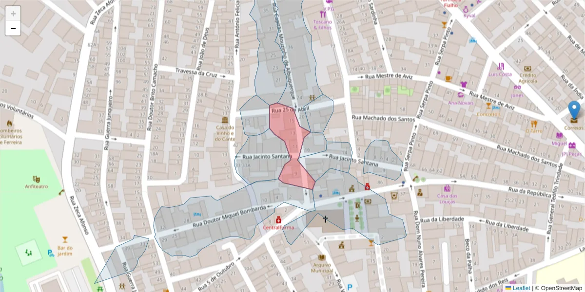 Mapa detalhado do código postal 7900-593 com limites, códigos postais vizinhos e agências dos correios