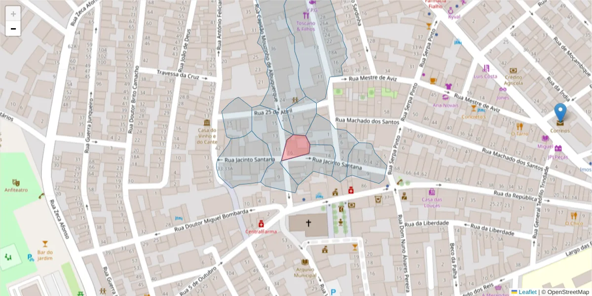Mapa detalhado do código postal 7900-594 com limites, códigos postais vizinhos e agências dos correios
