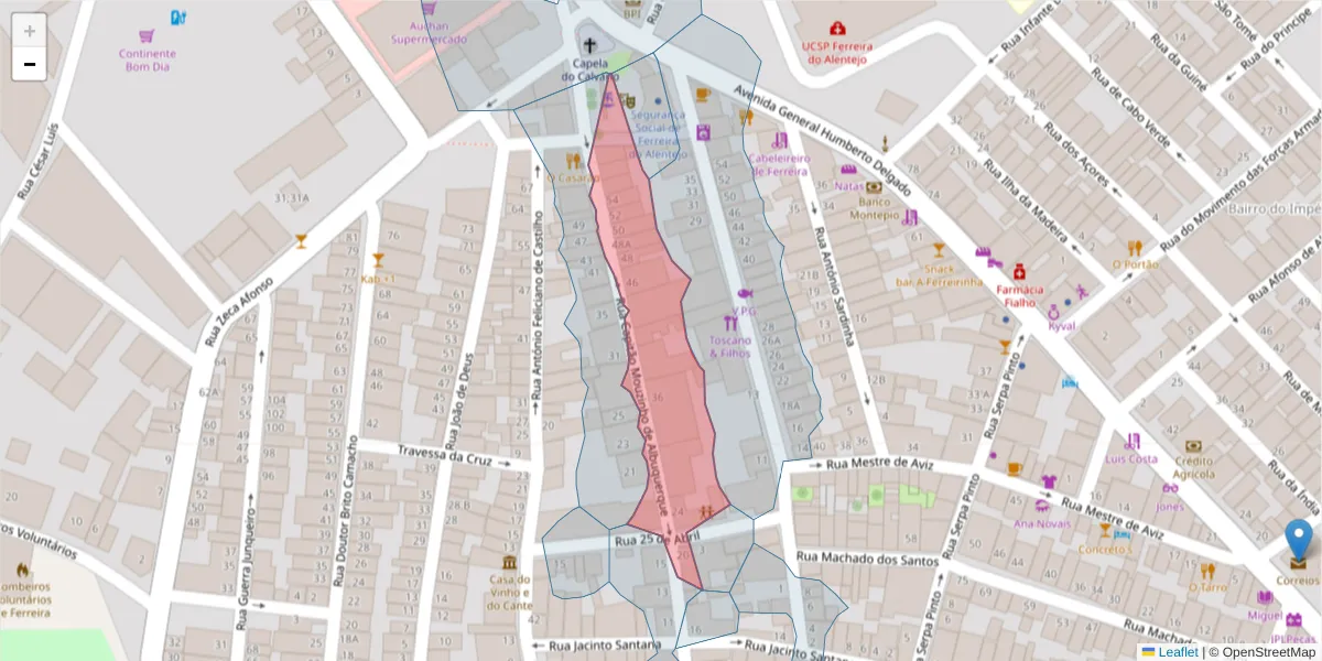 Mapa detalhado do código postal 7900-596 com limites, códigos postais vizinhos e agências dos correios