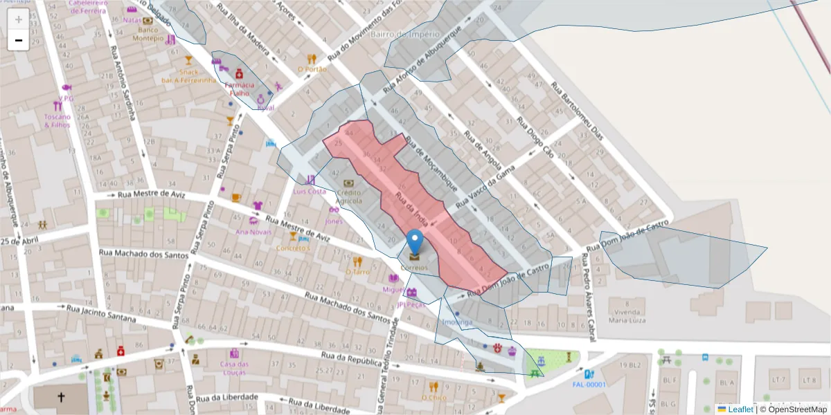 Mapa detalhado do código postal 7900-605 com limites, códigos postais vizinhos e agências dos correios