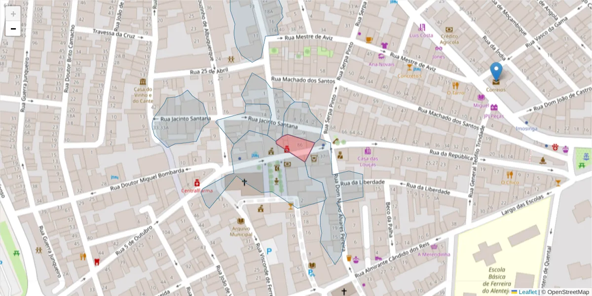 Mapa detalhado do código postal 7900-611 com limites, códigos postais vizinhos e agências dos correios