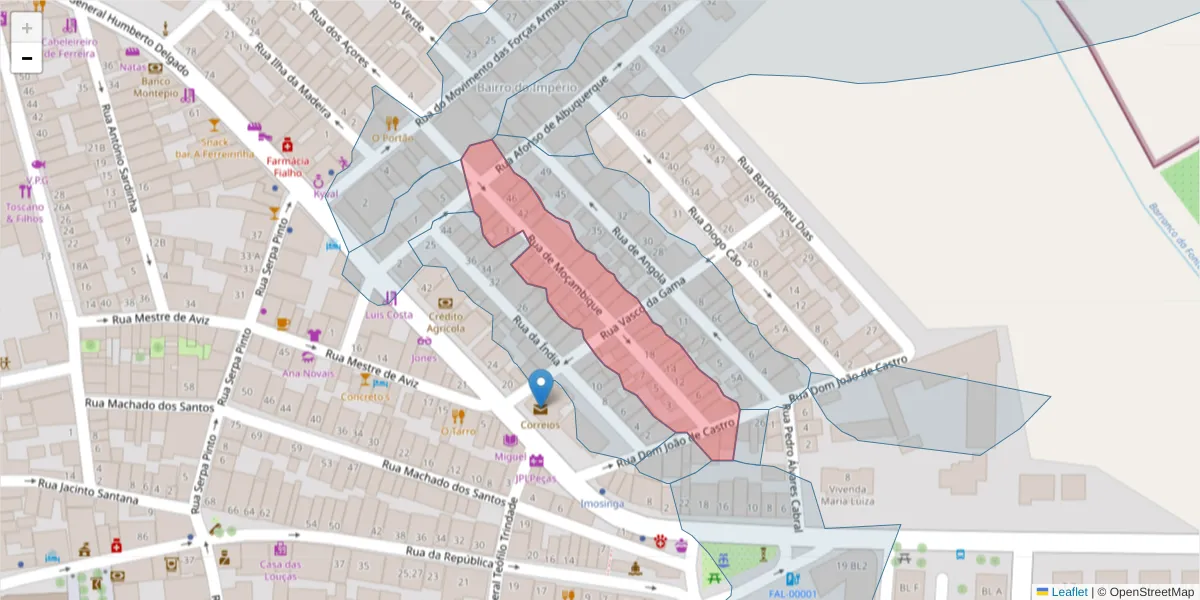 Mapa detalhado do código postal 7900-616 com limites, códigos postais vizinhos e agências dos correios
