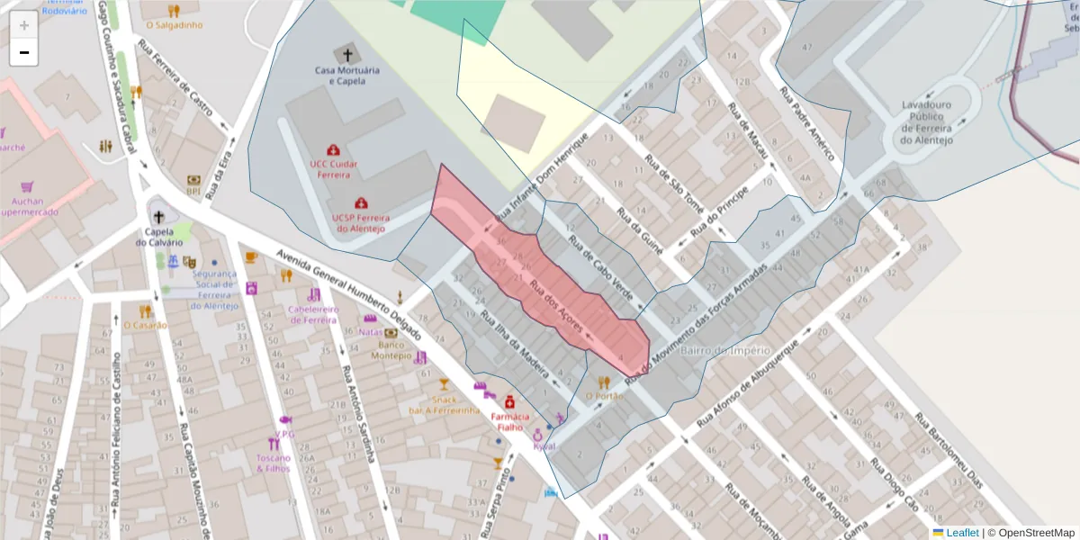Mapa detalhado do código postal 7900-628 com limites, códigos postais vizinhos e agências dos correios
