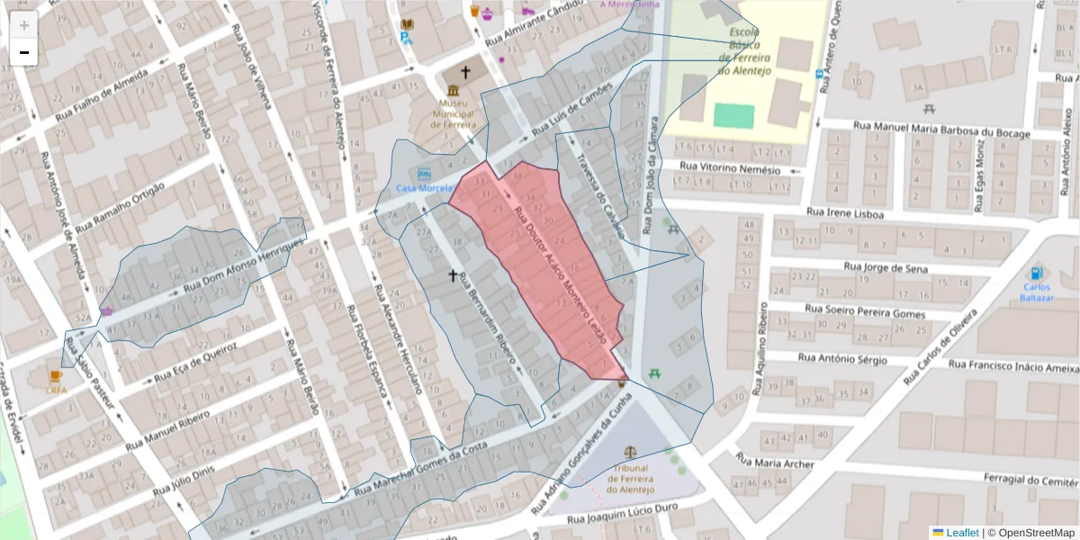 Mapa detalhado do código postal 7900-629 com limites, códigos postais vizinhos e agências dos correios