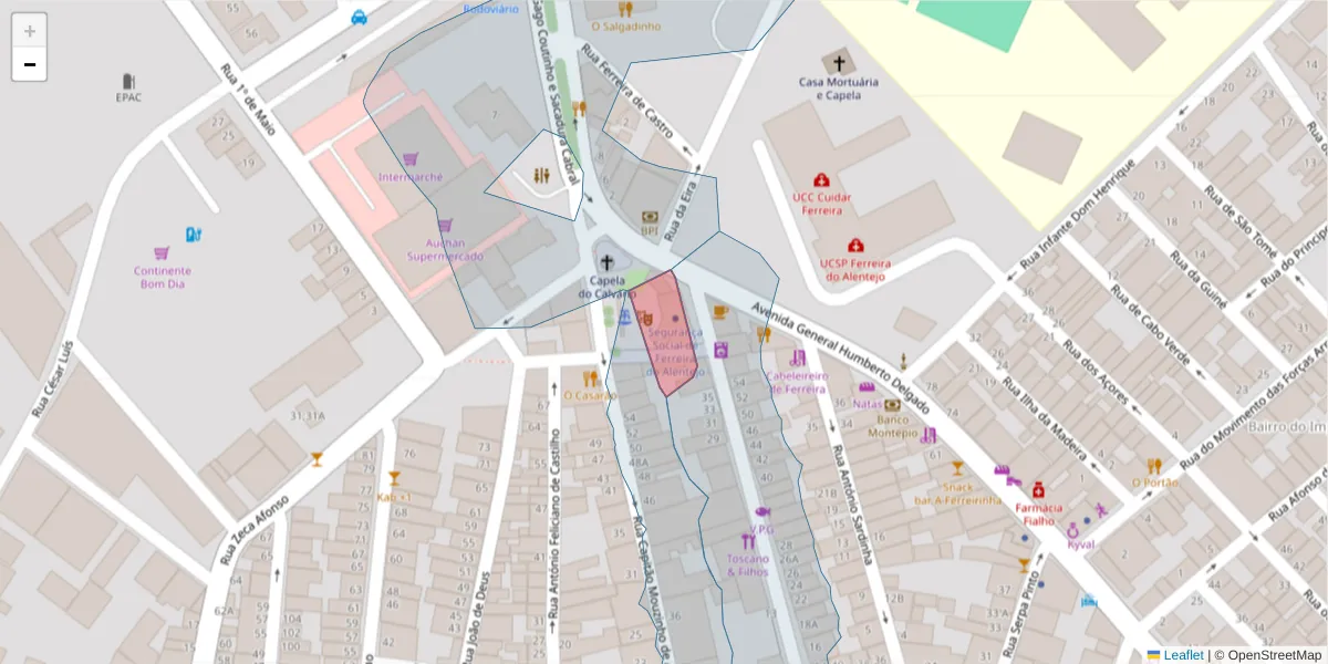 Mapa detalhado do código postal 7900-642 com limites, códigos postais vizinhos e agências dos correios