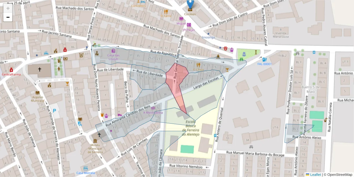 Mapa detalhado do código postal 7900-643 com limites, códigos postais vizinhos e agências dos correios