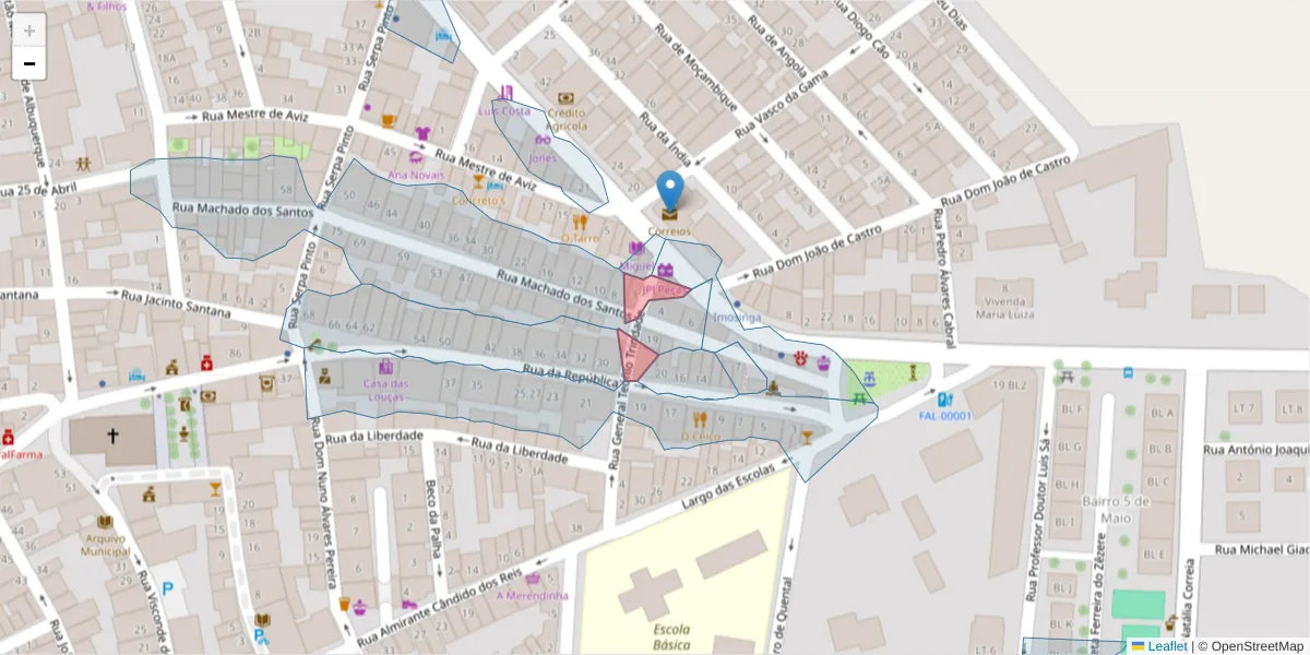 Mapa detalhado do código postal 7900-644 com limites, códigos postais vizinhos e agências dos correios