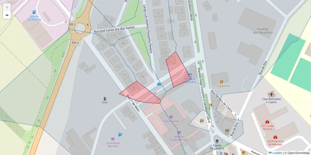 Mapa detalhado do código postal 7900-654 com limites, códigos postais vizinhos e agências dos correios