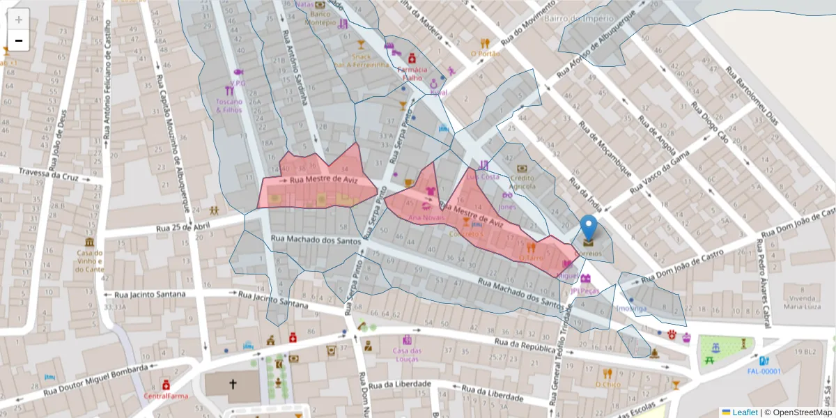 Mapa detalhado do código postal 7900-665 com limites, códigos postais vizinhos e agências dos correios