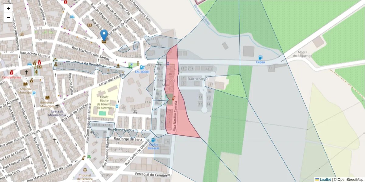 Mapa detalhado do código postal 7900-666 com limites, códigos postais vizinhos e agências dos correios