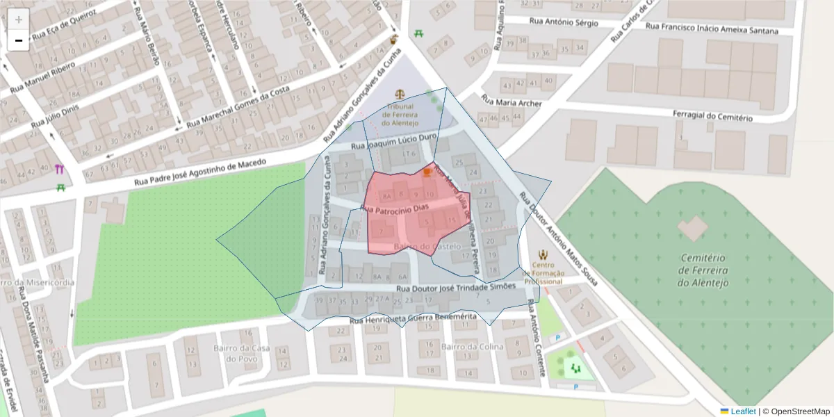 Mapa detalhado do código postal 7900-668 com limites, códigos postais vizinhos e agências dos correios