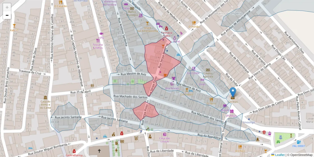 Mapa detalhado do código postal 7900-673 com limites, códigos postais vizinhos e agências dos correios