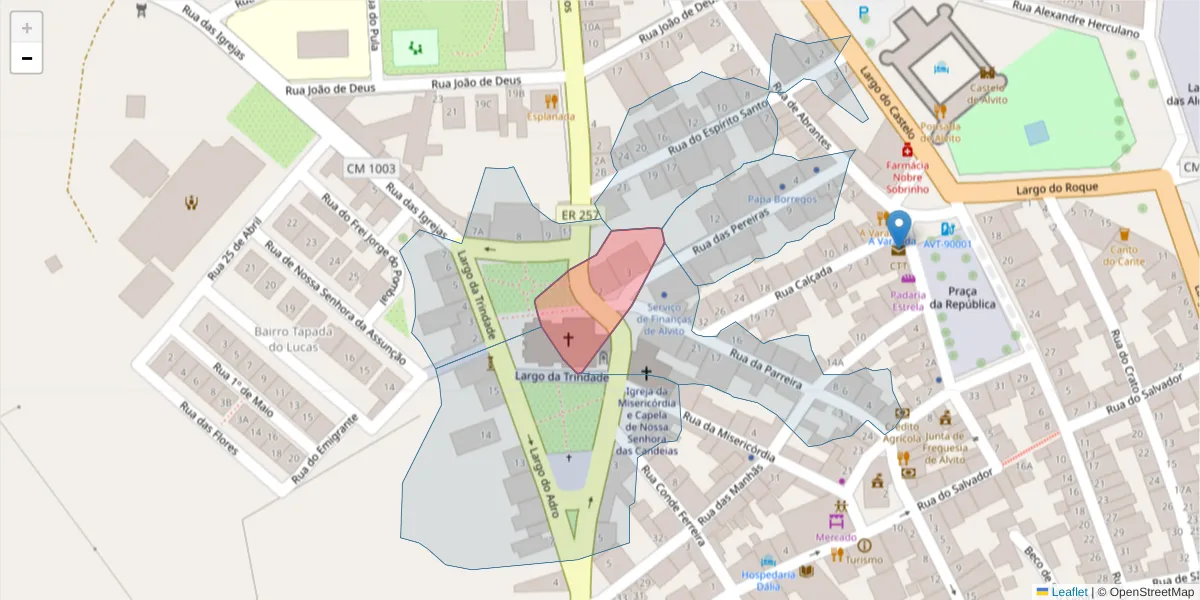 Mapa detalhado do código postal 7920-016 com limites, códigos postais vizinhos e agências dos correios