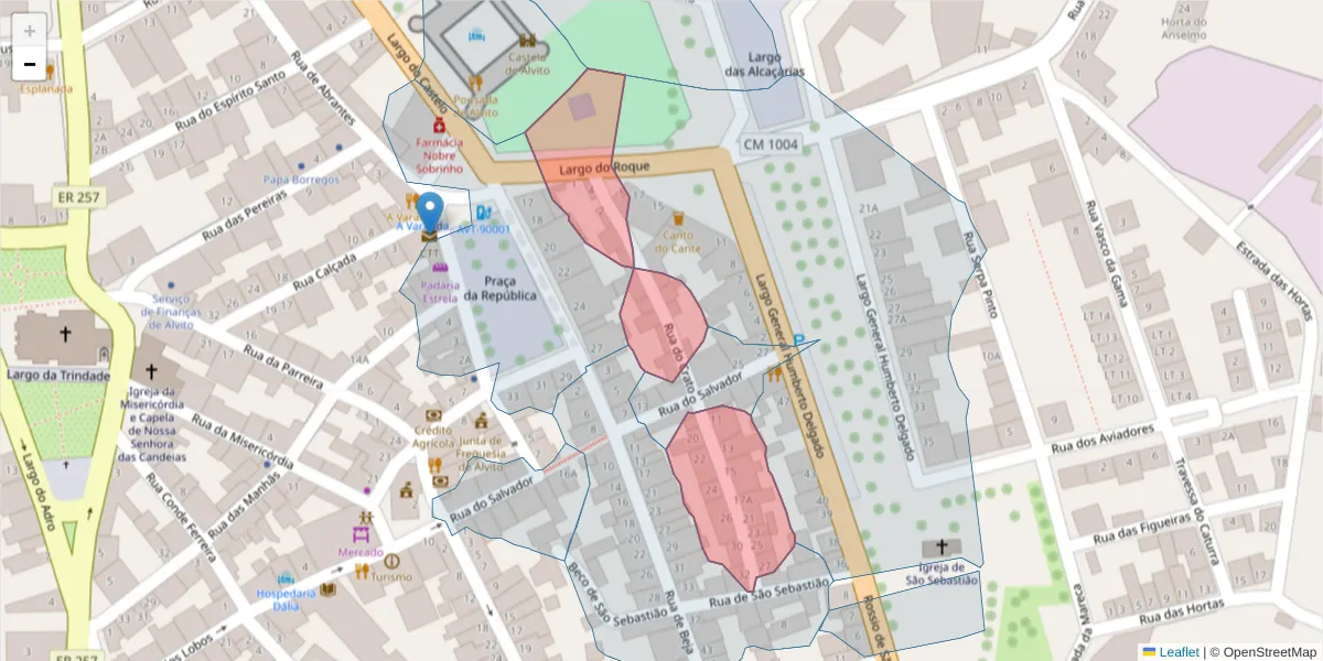 Mapa detalhado do código postal 7920-023 com limites, códigos postais vizinhos e agências dos correios