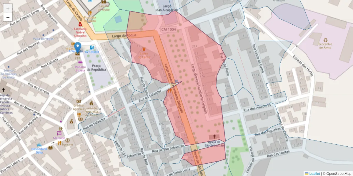 Mapa detalhado do código postal 7920-027 com limites, códigos postais vizinhos e agências dos correios