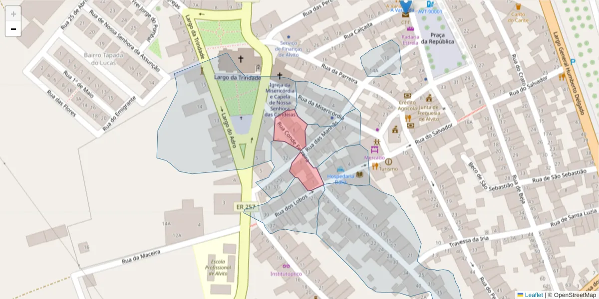 Mapa detalhado do código postal 7920-033 com limites, códigos postais vizinhos e agências dos correios