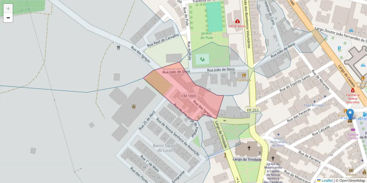 Mapa detalhado do código postal 7920-036 com limites, códigos postais vizinhos e agências dos correios