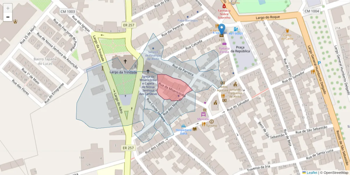 Mapa detalhado do código postal 7920-038 com limites, códigos postais vizinhos e agências dos correios