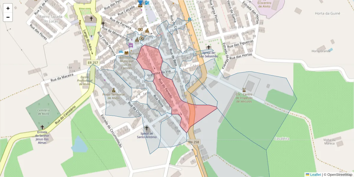 Mapa detalhado do código postal 7920-050 com limites, códigos postais vizinhos e agências dos correios