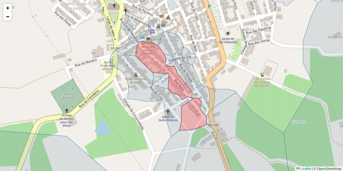 Mapa detalhado do código postal 7920-055 com limites, códigos postais vizinhos e agências dos correios