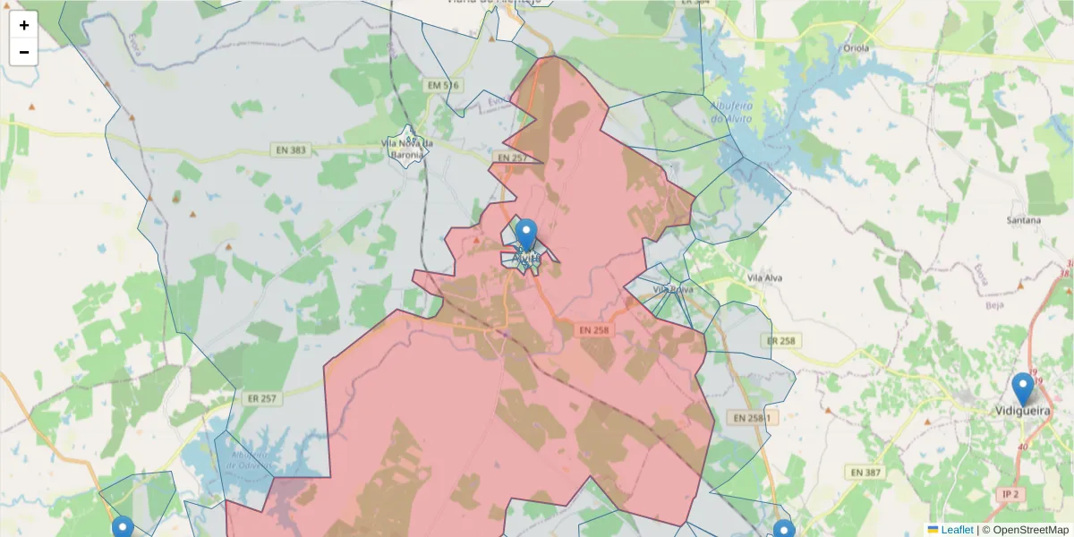 Mapa detalhado do código postal 7920-201 com limites, códigos postais vizinhos e agências dos correios