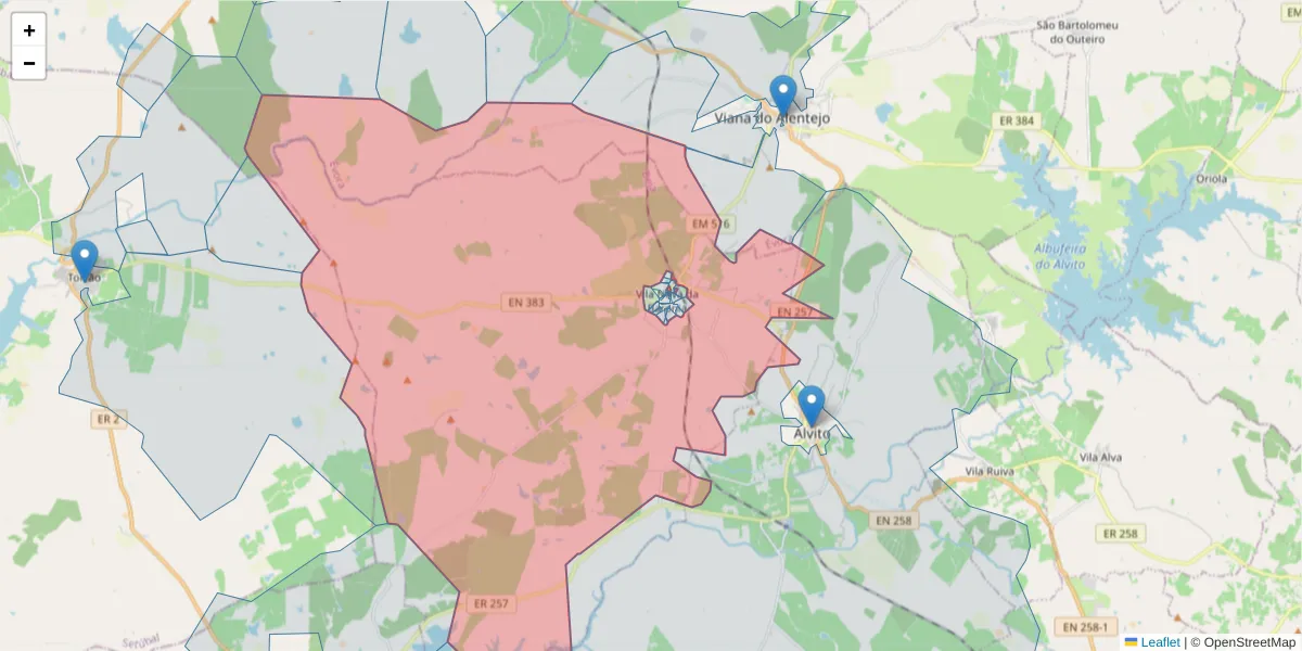 Mapa detalhado do código postal 7920-301 com limites, códigos postais vizinhos e agências dos correios