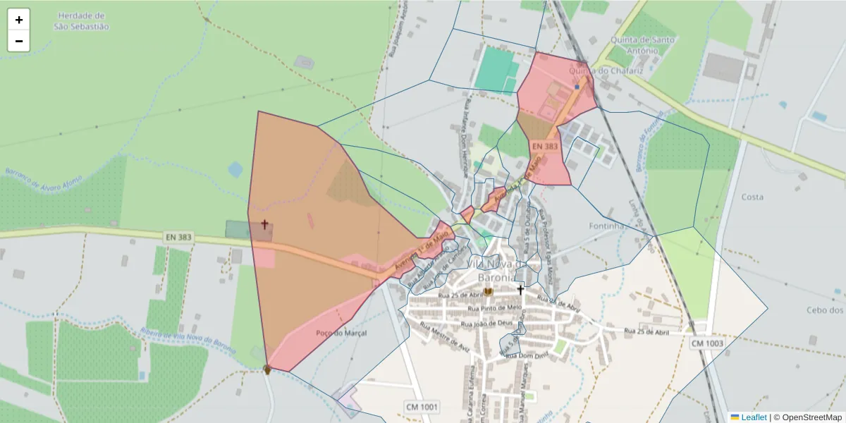Mapa detalhado do código postal 7920-351 com limites, códigos postais vizinhos e agências dos correios
