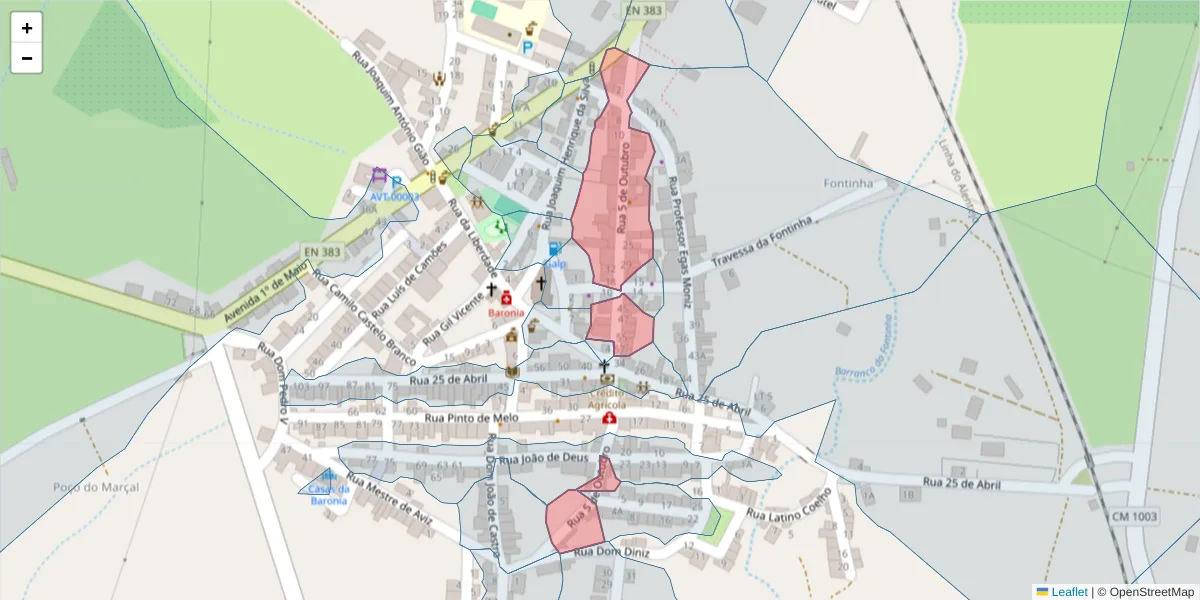 Mapa detalhado do código postal 7920-368 com limites, códigos postais vizinhos e agências dos correios