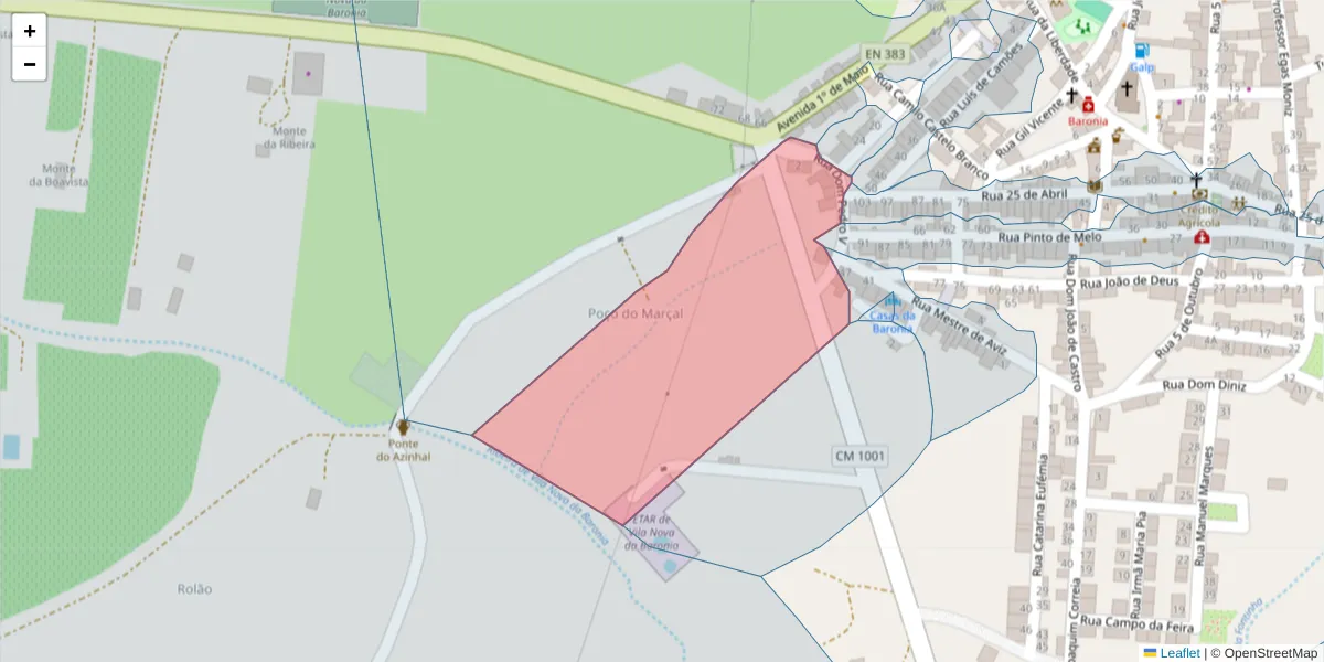 Mapa detalhado do código postal 7920-374 com limites, códigos postais vizinhos e agências dos correios