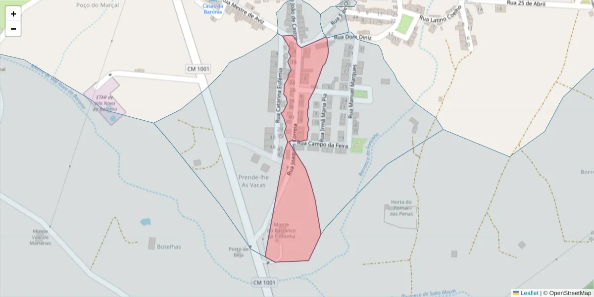 Mapa detalhado do código postal 7920-381 com limites, códigos postais vizinhos e agências dos correios